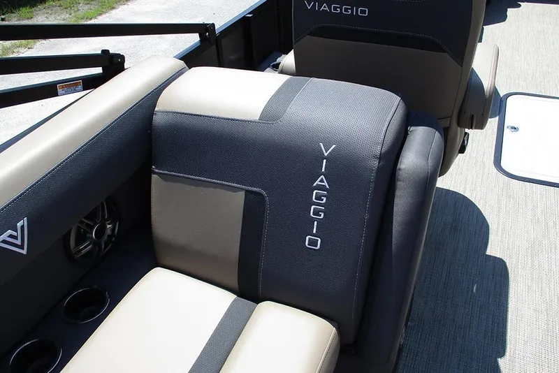 Slide: The Image of 2025 Viaggio Lago X22U boat interior with branded seating and cup holders. - 36
