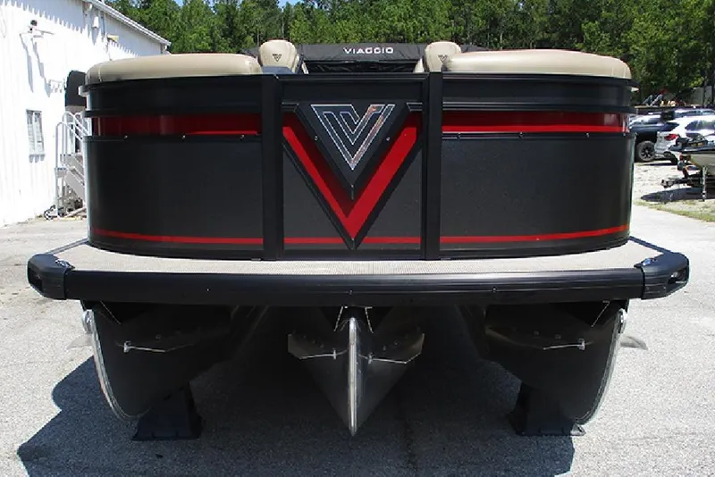 Slide: The Image of 2025 Viaggio Lago X22U pontoon boat, rear view with sleek black and red design. - 4