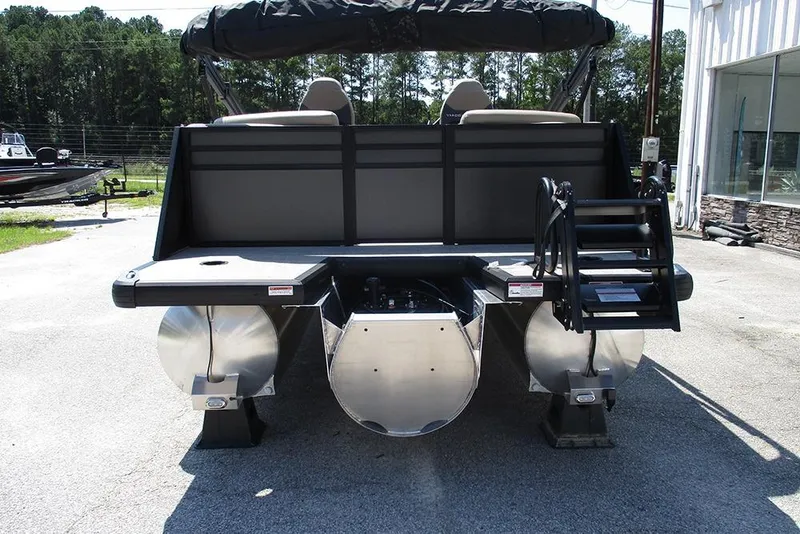 Slide: The Image of 2025 Viaggio Lago X22U pontoon boat rear view with ladder and seating. - 8