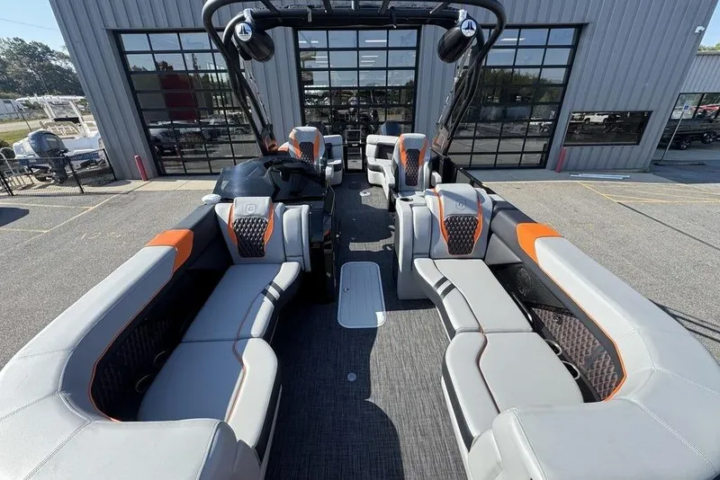 Slide: The Image of 2026 Godfrey XP 2700 TWIN pontoon boat with spacious seating and modern design. - 11