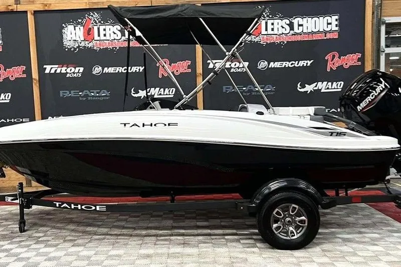The Image of 2026 Tahoe T16 boat displayed at Anglers Choice event with Mercury engine. - 1