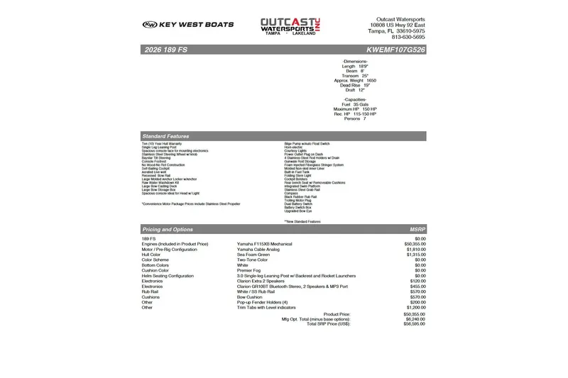 Slide: The Image of Key West 189 FS 2026 boat specifications and pricing details sheet. - 12