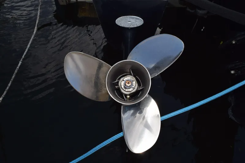 Slide: The Image of 2008 Hydra-Sports Vector 3300 VX boat with triple outboard engines docked at marina. - 14