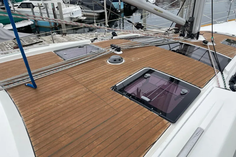 Slide: The Image of Deck of 2013 Bavaria Vision 42 sailboat with wooden finish and hatches. - 37