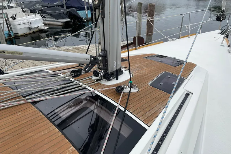 Slide: The Image of Sailboat deck of 2013 Bavaria Vision 42 with wooden finish and rigging details. - 38
