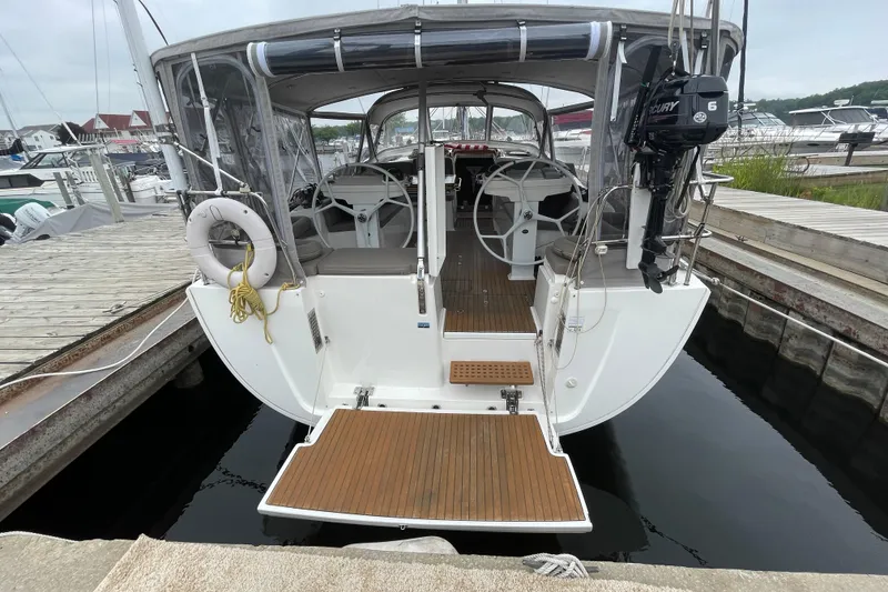 Slide: The Image of Sailboat Bavaria Vision 42, 2013 model, docked at marina with dual steering wheels. - 8