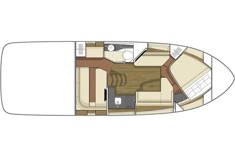 Slide: The Image of 2015 Sea Ray 350 Sundancer boat layout with cabin, kitchen, and bathroom. - 23
