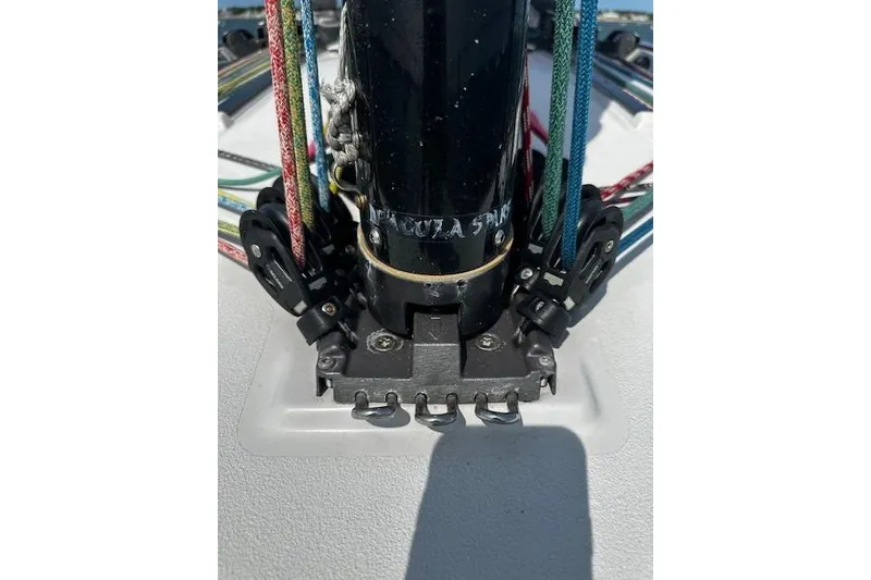 Slide: The Image of Close-up of Dehler 30 OD sailboat mast base with colorful rigging, 2020 model. - 10