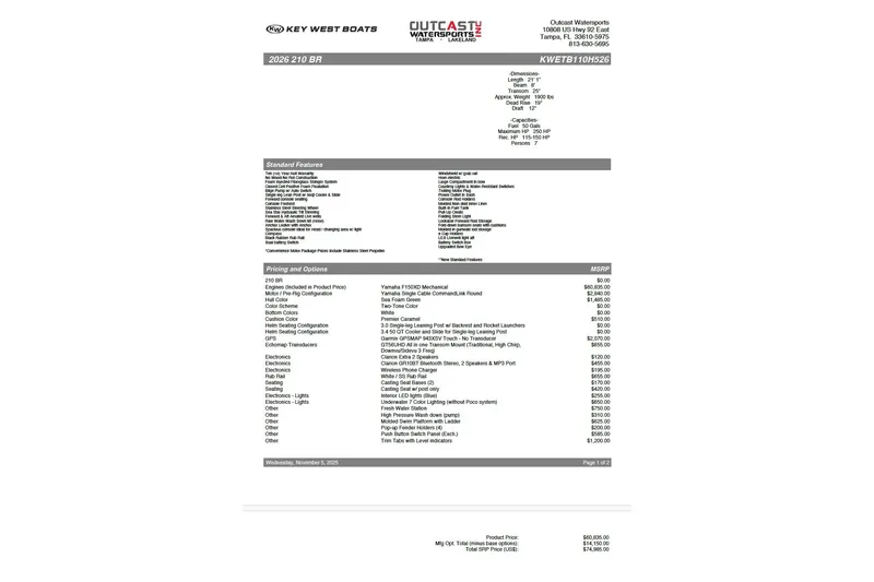 Slide: The Image of 2026 Key West 210 Bay Reef boat specifications and pricing details. - 21