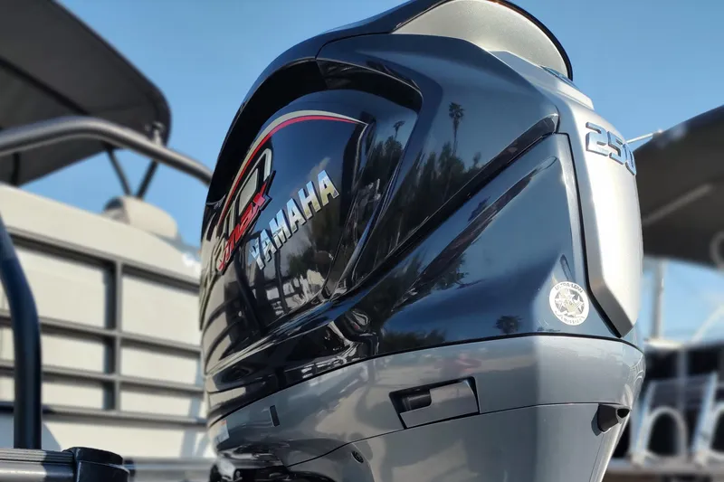 Slide: The Image of 2026 Sylvan L3 DLZ with Yamaha VMAX 250 outboard motor, close-up view. - 6