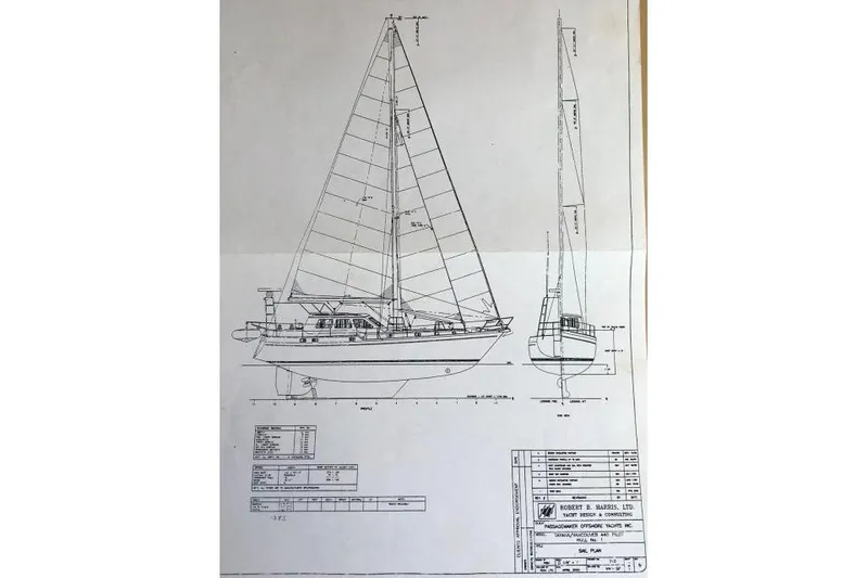 Slide: The Image of Blueprint of 2002 Tayana 460 Vancouver Pilothouse sailboat, detailed side and front views. - 101