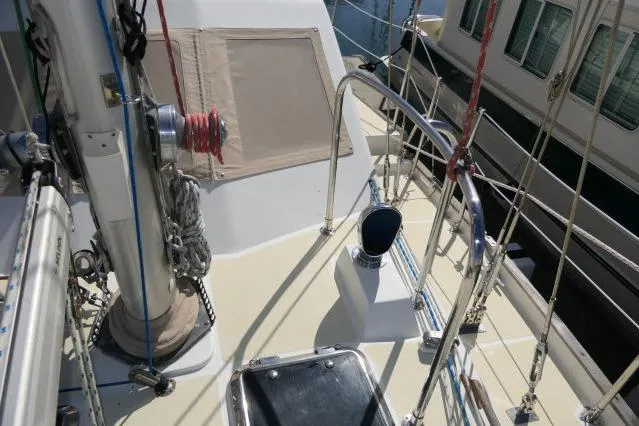 Slide: The Image of Deck view of 2002 Tayana 460 Vancouver Pilothouse sailboat with rigging and winches. - 75