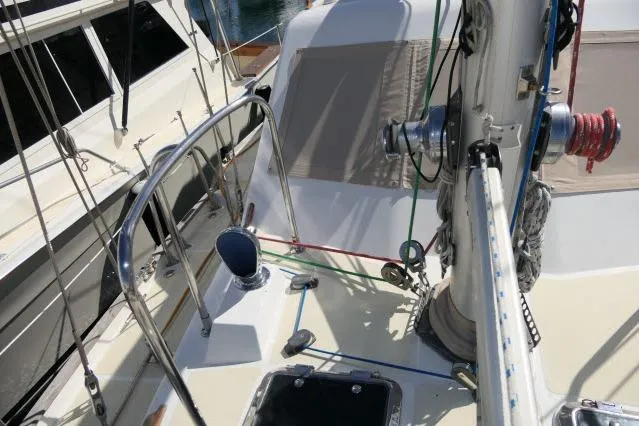 Slide: The Image of 2002 Tayana 460 Vancouver Pilothouse sailboat deck with rigging and winches. - 76