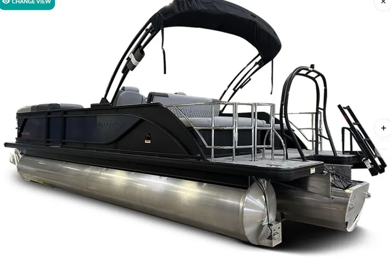 Slide: The Image of 2026 Godfrey Sweetwater 22' Tritoon with single flip lounge and sleek black design. - 2