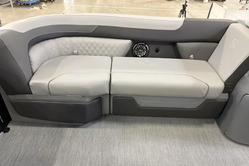 Slide: The Image of 2026 Godfrey Sweetwater 22' Tritoon lounge seating with elegant gray upholstery. - 5