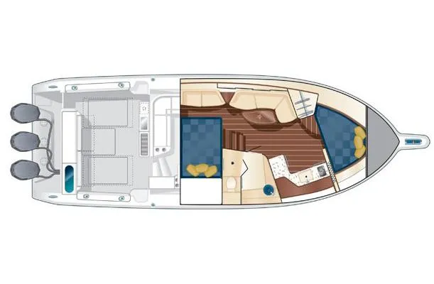Slide: The Image of Manufacturer Provided Image: Top view layout of 2015 Pursuit OS 385 Offshore boat with triple outboard engines. - 59