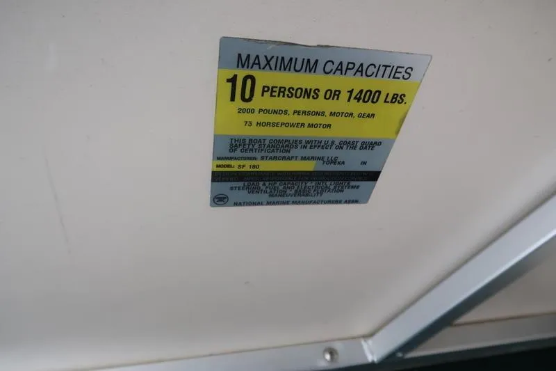 Slide: The Image of 1999 Starcraft Starfish 180 capacity label: 10 persons or 1400 lbs, 73 horsepower motor. - 16