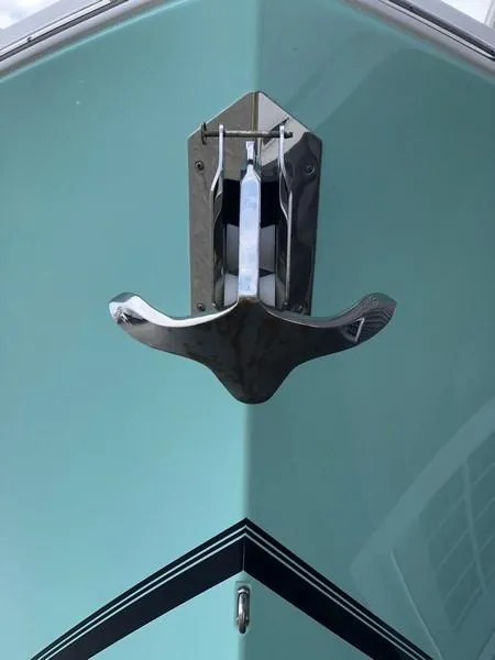 Slide: The Image of 2018 Regulator 31 boat anchor detail, stainless steel, sleek design. - 2
