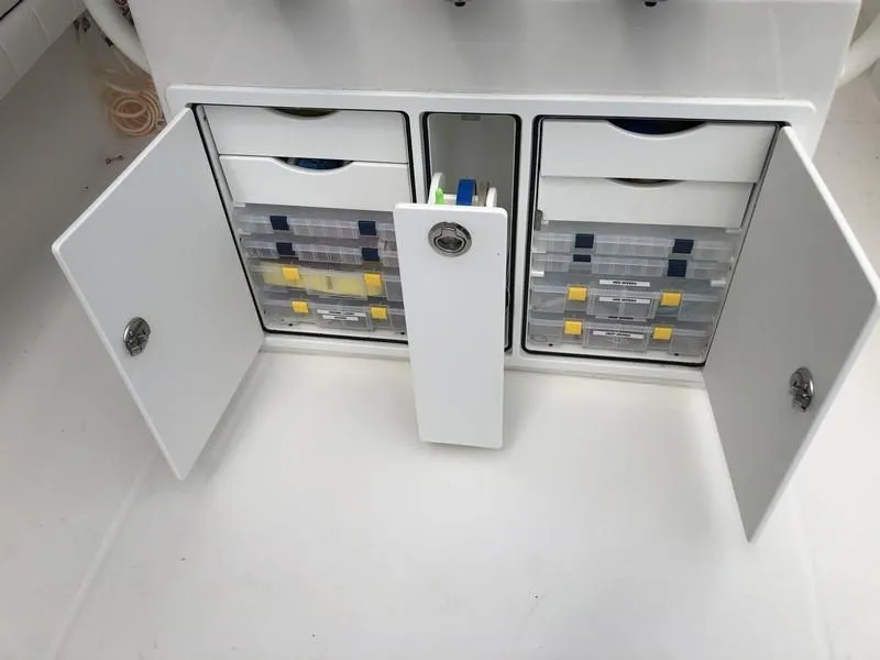 Slide: The Image of 2018 Regulator 31 boat storage compartment with organized tackle boxes and open doors. - 16