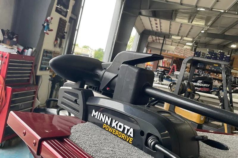 Slide: The Image of Minn Kota PowerDrive motor on 2018 Alumacraft Classic 165 CS boat in workshop. - 15