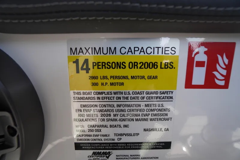 Slide: The Image of 2026 Chaparral 250 OSX capacity label: 14 persons, 2960 lbs, 300 HP motor. - 27