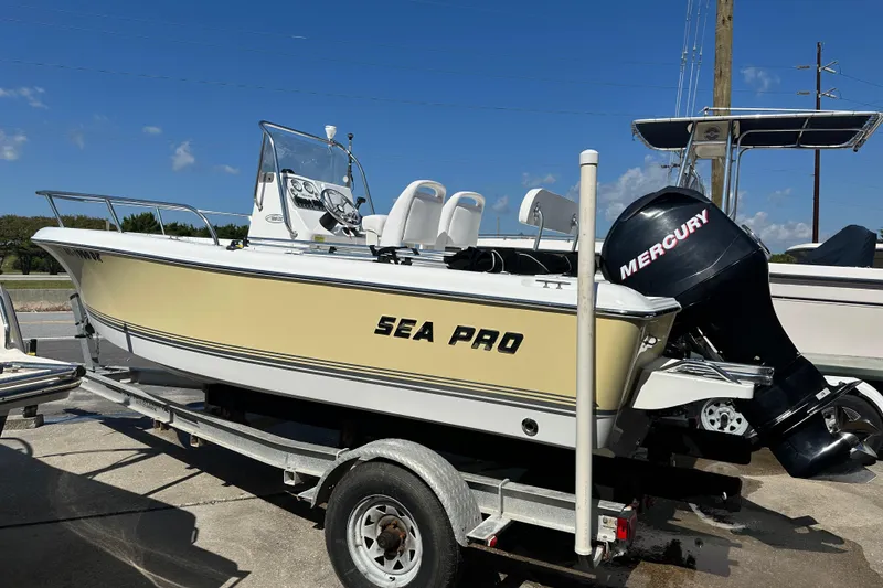 Slide: The Image of 2008 Sea Pro 186 Center Console boat on trailer with Mercury outboard motor. - 3
