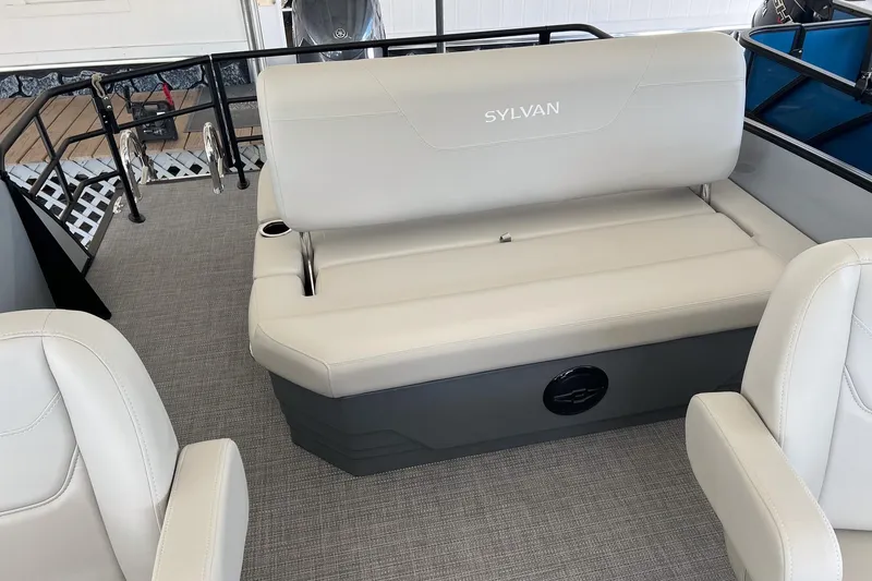 Slide: The Image of 2026 Sylvan MIRAGE 822 CLZ DH boat interior with beige seating and modern design. - 11