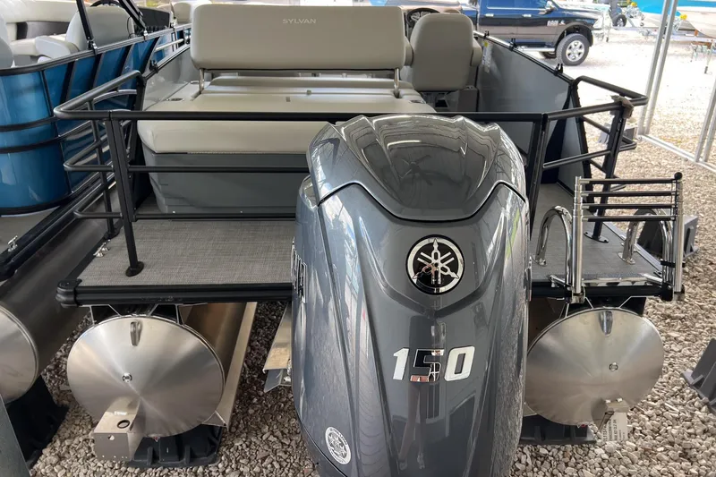 Slide: The Image of 2026 Sylvan MIRAGE 822 CLZ DH pontoon boat with Yamaha 150 engine, rear view. - 5