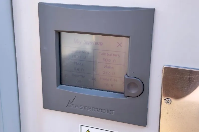 Slide: The Image of Mastervolt system display on 2016 Fjord 48 Open yacht, showing battery and power details. - 32