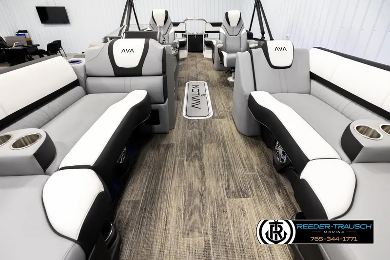Slide: The Image of Luxurious interior of 2026 Avalon CAT QLS boat with plush seating and modern design. - 13