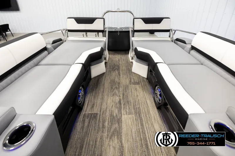Slide: The Image of Luxurious interior of 2026 Avalon CAT QLS pontoon boat with plush seating. - 15
