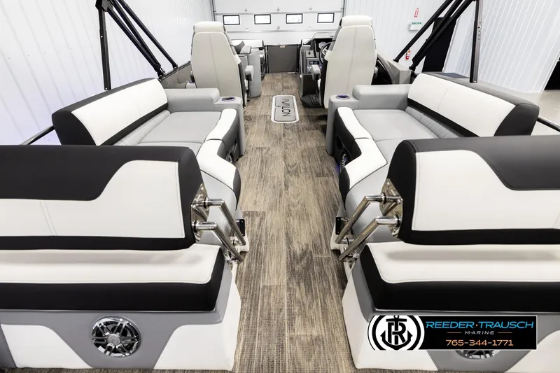Slide: The Image of Luxurious interior of 2026 Avalon CAT QLS pontoon boat with plush seating and modern design. - 16