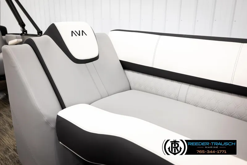 Slide: The Image of Luxurious seating in 2026 Avalon CAT QLS boat, featuring sleek gray and white design. - 36