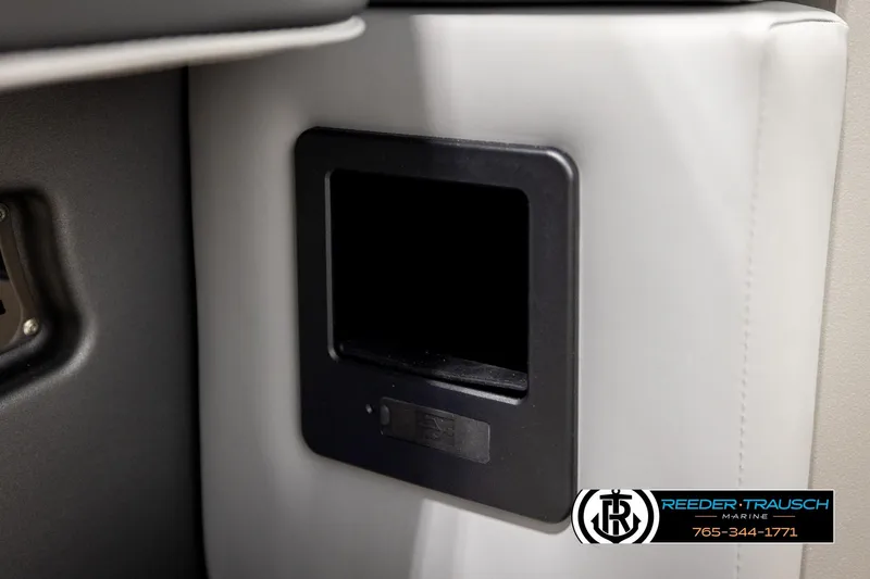 Slide: The Image of Interior detail of 2026 Avalon CAT QLS boat, featuring a black rectangular panel. - 44