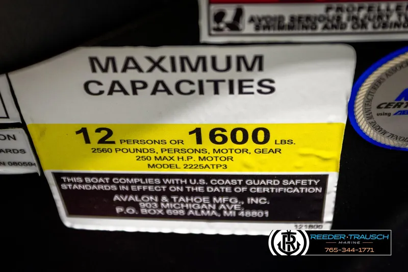Slide: The Image of 2026 Avalon CAT QLS boat capacity label: 12 persons or 1600 lbs, 250 max HP motor. - 53