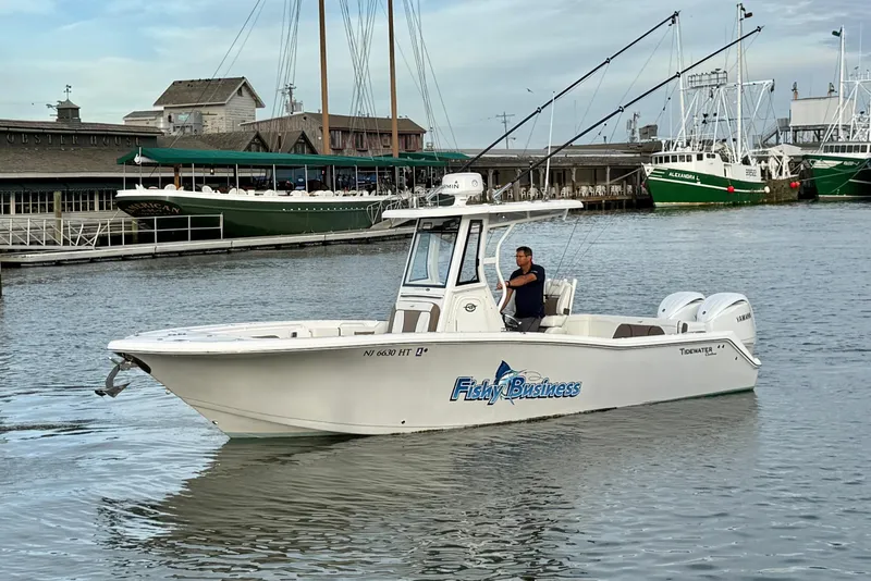 Slide: The Image of 2024 Tidewater 272 LXF boat on water near dock, featuring "Fishy Business" logo. - 2