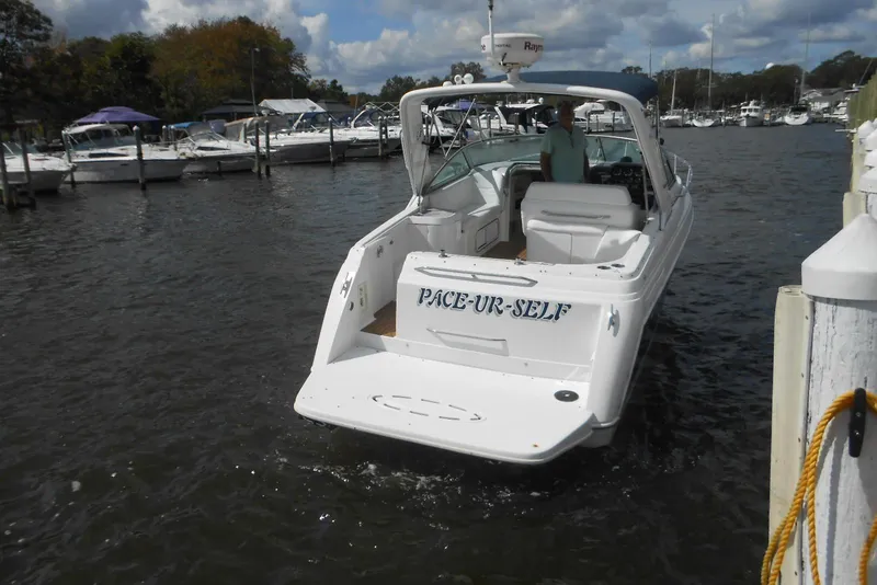 Slide: The Image of 2004 Formula 27 Performance Cruiser docked, named "PACE-UR-SELF," in a marina setting. - 3