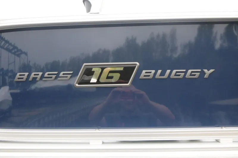 Slide: The Image of 2026 Sun Tracker Bass Buggy 16 XL Select boat seating, featuring gray and white upholstery. - 15