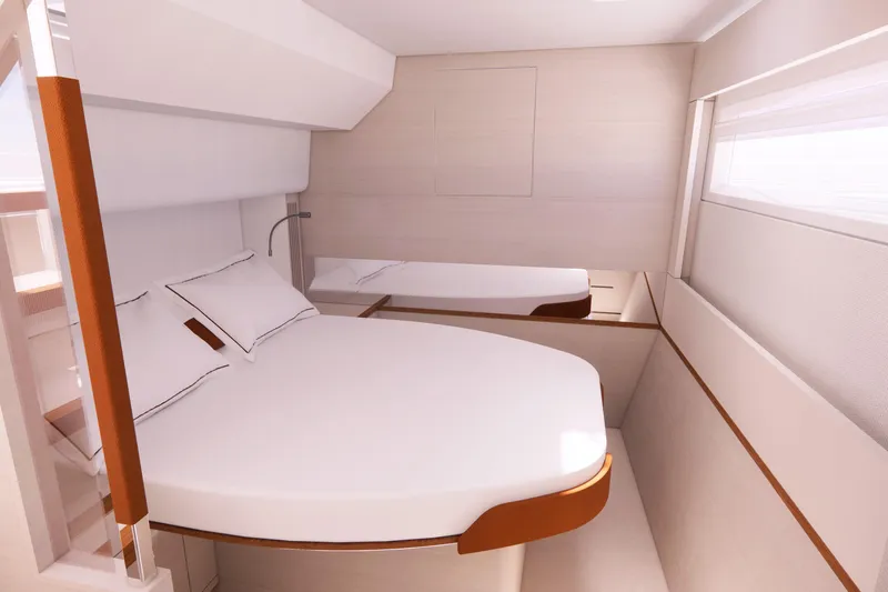 Slide: The Image of Luxurious cabin interior of 2026 Aquila 50 Sail yacht, featuring modern design and comfortable bedding. - 10