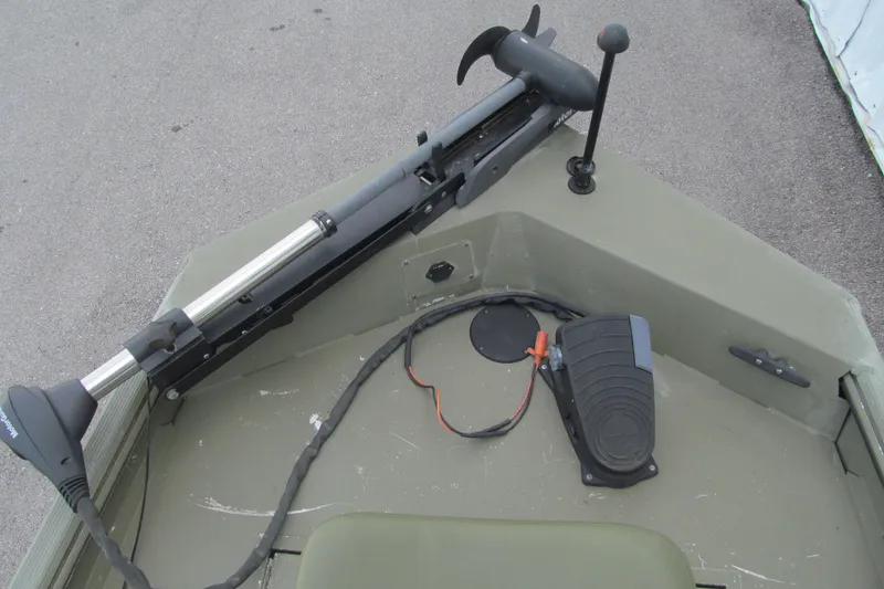 Slide: The Image of 2016 Lowe Roughneck 1650 boat with trolling motor and foot pedal control. - 9