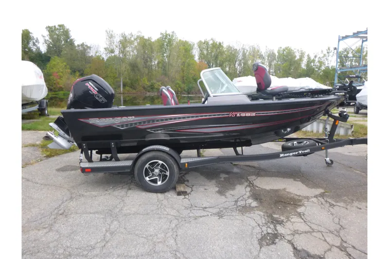 Slide: The Image of 2020 Ranger VS1682 WT fishing boat on trailer, parked outdoors. - 1