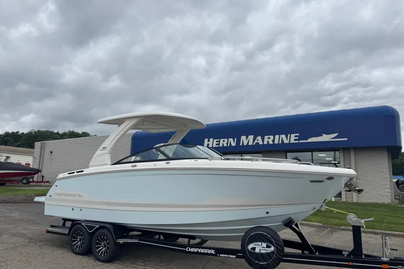 The Image of 2026 Chaparral 8 SSX boat on trailer at Hern Marine dealership. - 1