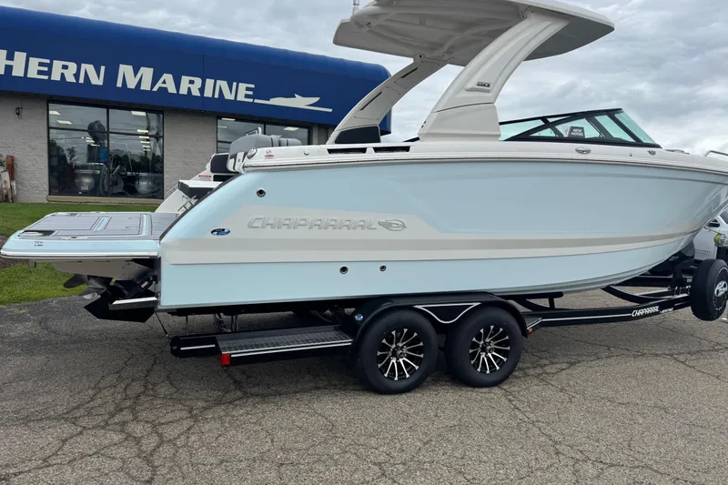 Slide: The Image of 2026 Chaparral 8 SSX boat on trailer at Hern Marine dealership. - 3