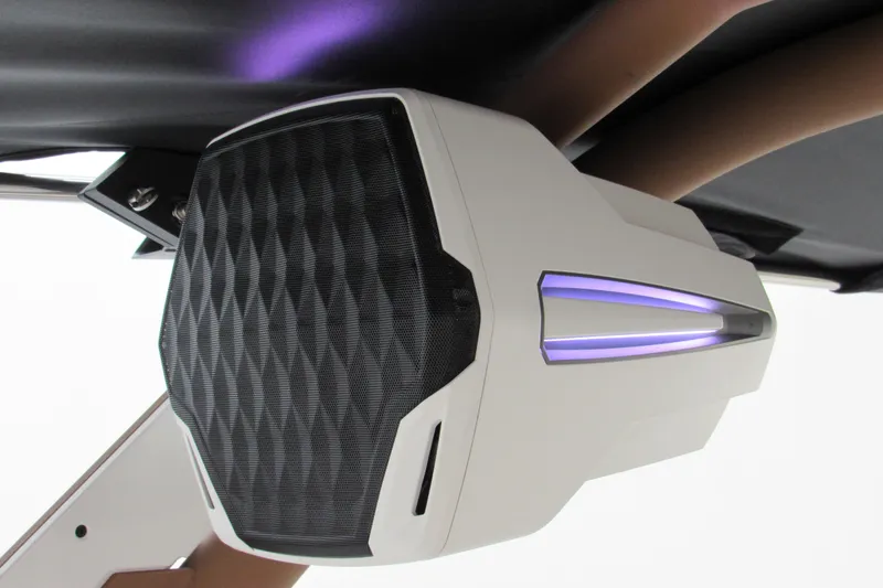 Slide: The Image of 2026 Malibu Wakesetter 23 LSV speaker with sleek design and purple LED lighting. - 16