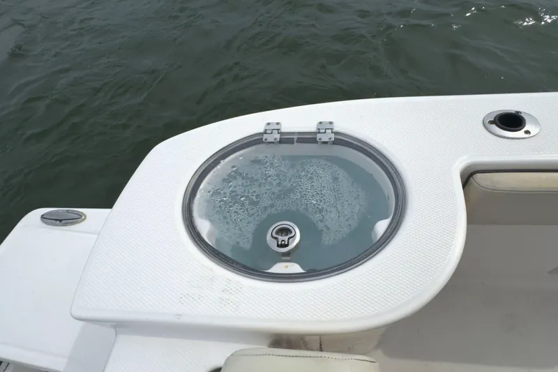 Slide: The Image of 2019 Robalo R272 Center Console livewell on deck, with ocean background. - 10