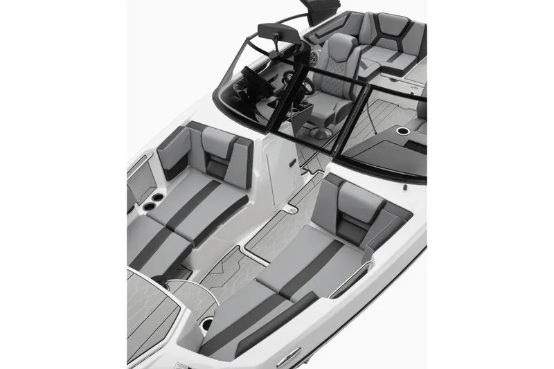Slide: The Image of Manufacturer Provided Image: 2026 Yamaha Boats 222XE interior, featuring sleek gray seating and modern design. - 2