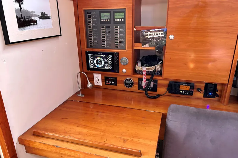 Slide: The Image of Bathroom interior of 2008 Hanse 470e yacht with wooden cabinetry and modern fixtures. - 14