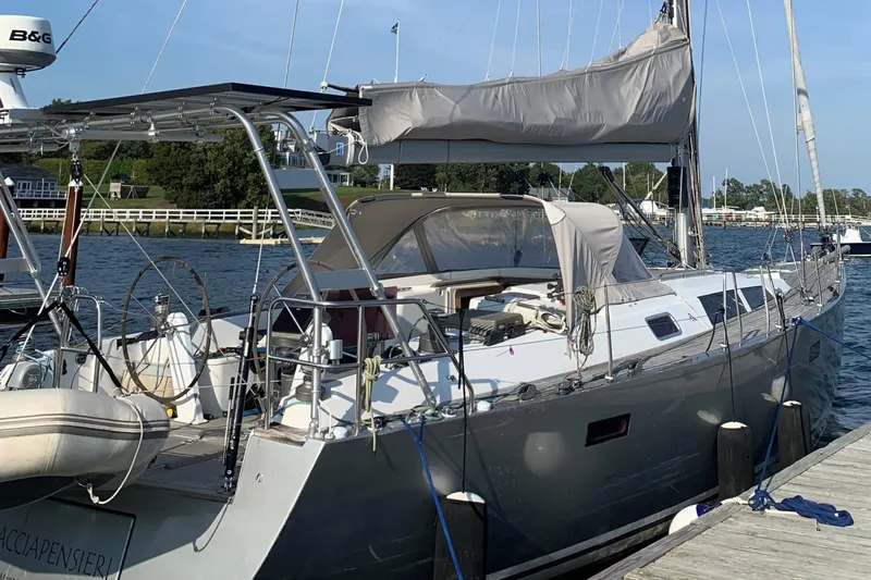 Slide: The Image of Sailing yacht Hanse 470e, 2008 model, docked at a marina. - 2