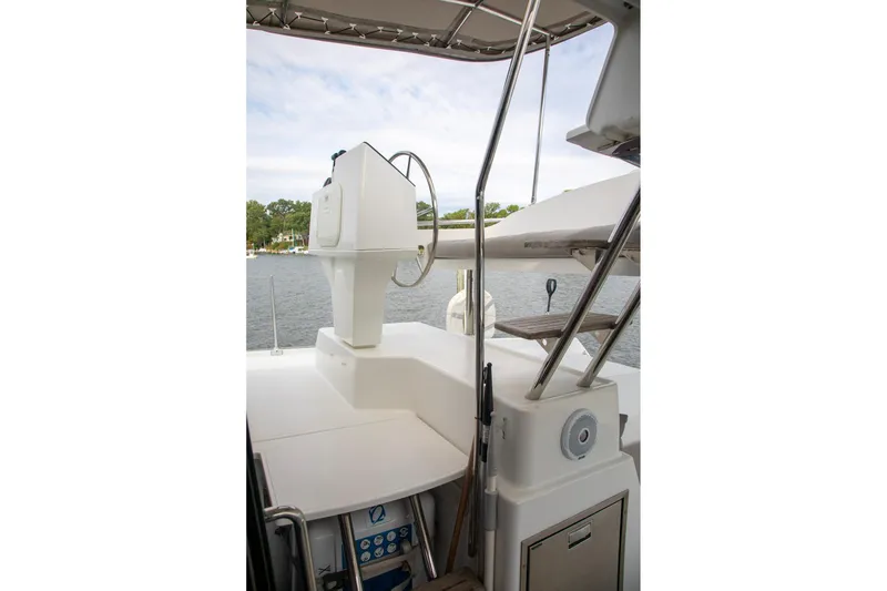 Slide: The Image of Helia 44 Evolution catamaran helm station, 2018 Fountaine Pajot model, with water view. - 17