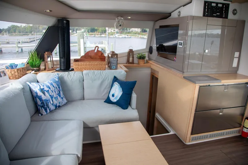 Slide: The Image of Luxurious interior of 2018 Fountaine Pajot Helia 44 Evolution catamaran with modern furnishings. - 46